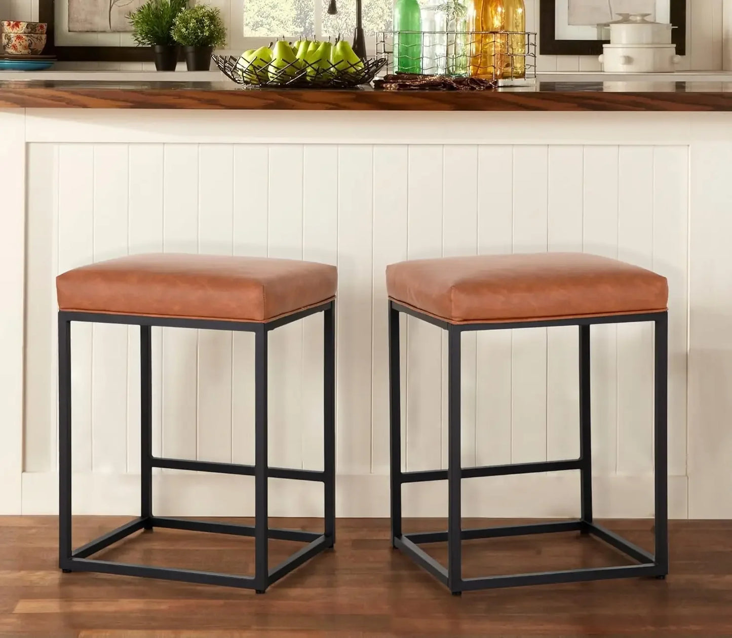 Black Counter Height 24" Bar Stools Kitchen Counter Backless Modern Square Barstools Upholstered Faux Leather Stools
