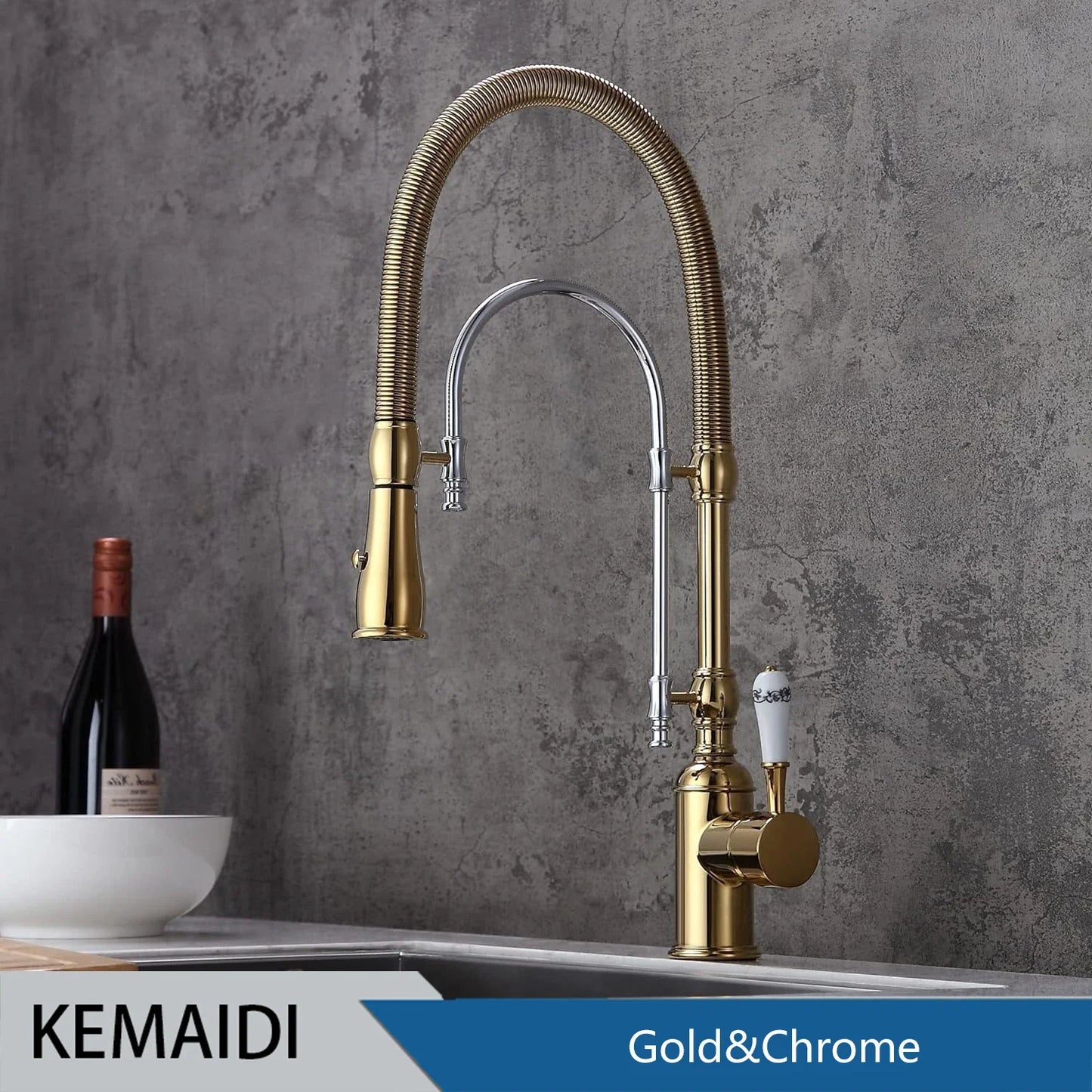 Golden Spring Pull Down Kitchen Sink Faucet Hot & Cold Mixer Crane Tap with Dual Spout Deck Mounted Hot Cold Faucets