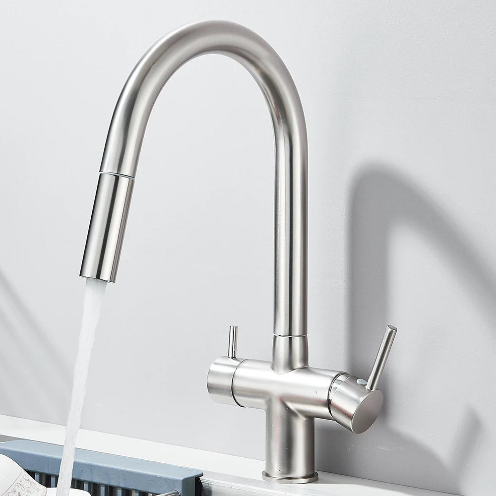 Filtered Kitchen Sink Faucet With Retractable Sprayer Brass Water Filter Tap Drinking Water Tap Vessel Sink Mixer For Kitchen
