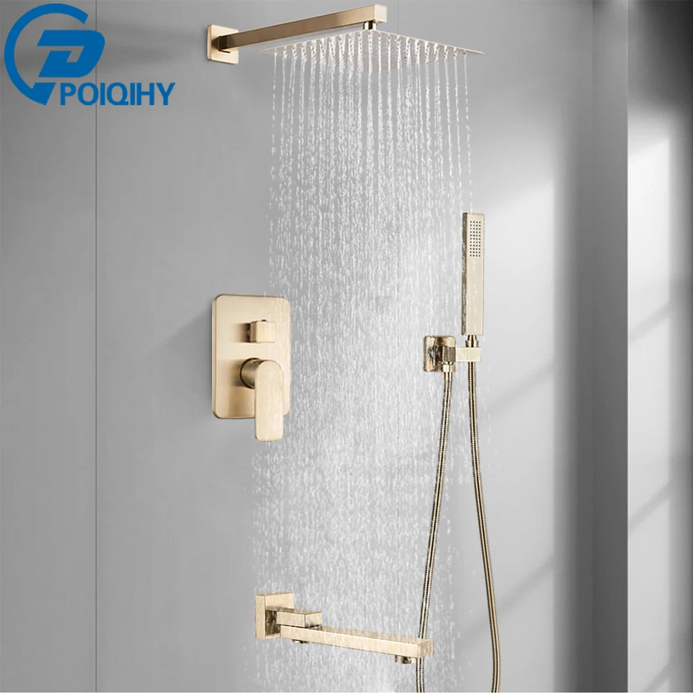 POIQIHY Brushed Golden Shower Faucets Wall Mount Concealed Shower Set Rainfall Bath Shower Mixers 2-3 ways Bathroom Mixer Tap