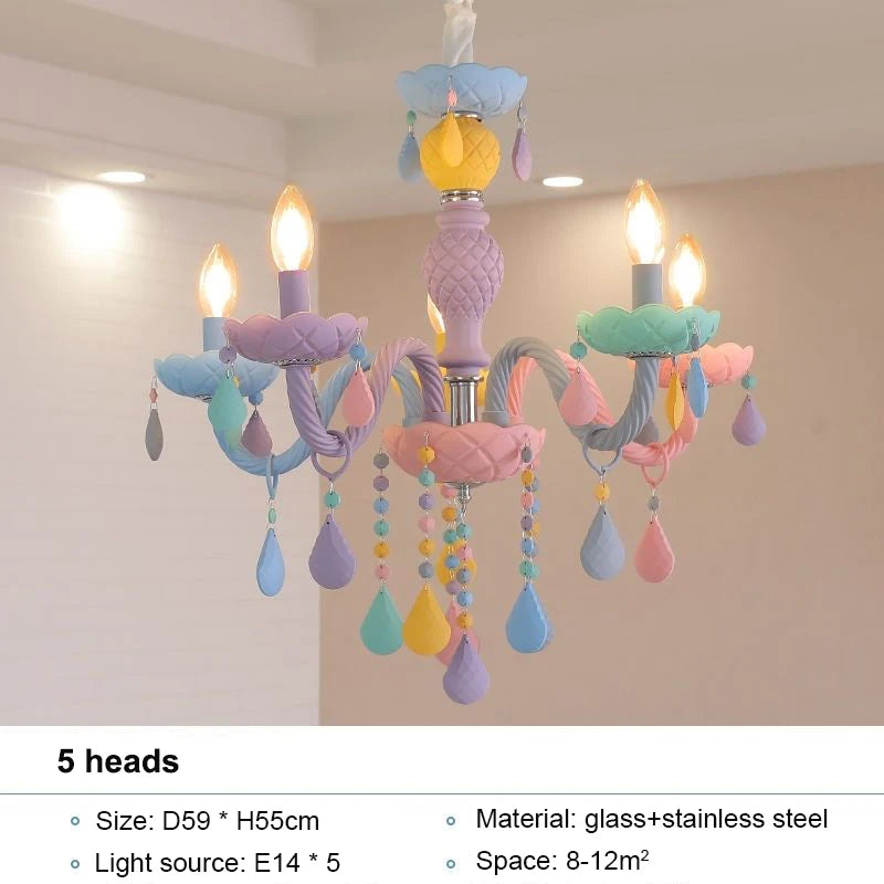 Modern Romantic Rainbow Crystal Chandelier European Candle lustres Children's Makaron Girl Princess Pendant Lamps Light Fixtures