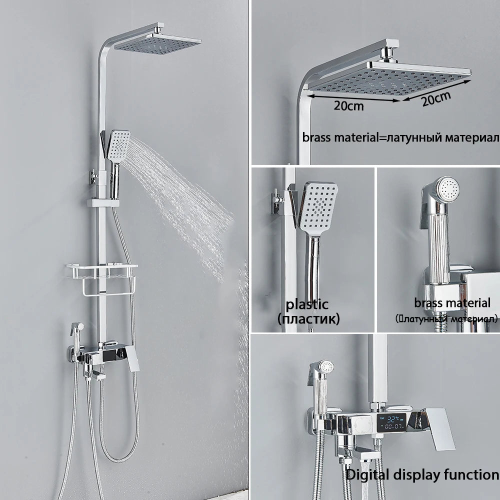 Black Smart Thermostatic Shower Faucet Set Bathroom Intelligent Rainfall Digital Mixer Tap With Rack and Bidet Bath System