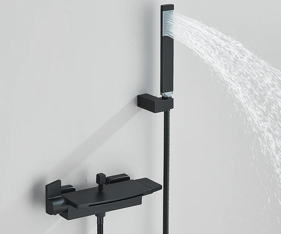 Black Waterfall Bathtub Shower Faucets Wall Mount Shower With Handheld Shower Mixer Tap Faucets Hot Cold Bath Shower Tap