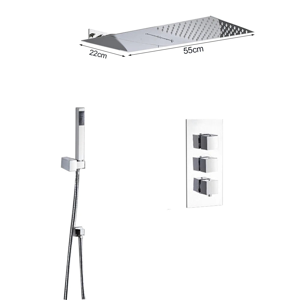 Black Thermostatic Shower Faucets Set Rain Waterfall Shower Head With 3/4-way Thermostatic Mixer Tap Bath Shower Faucet