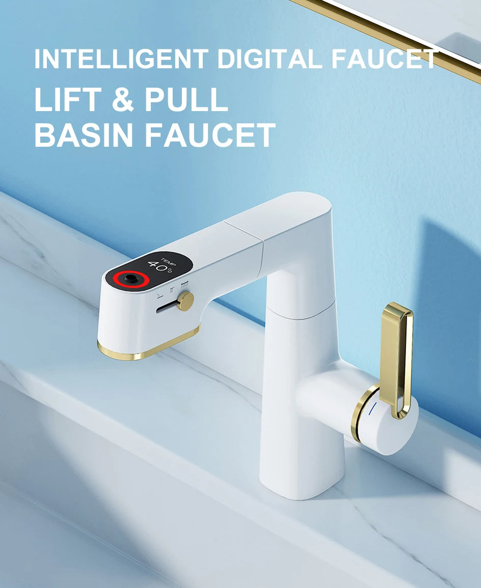 VGX Multifunctional Bathroom Faucets Pull Out Basin Mixer Sink Faucet Gourmet LED Temperature Tap 360° Tapware Crane Brass White