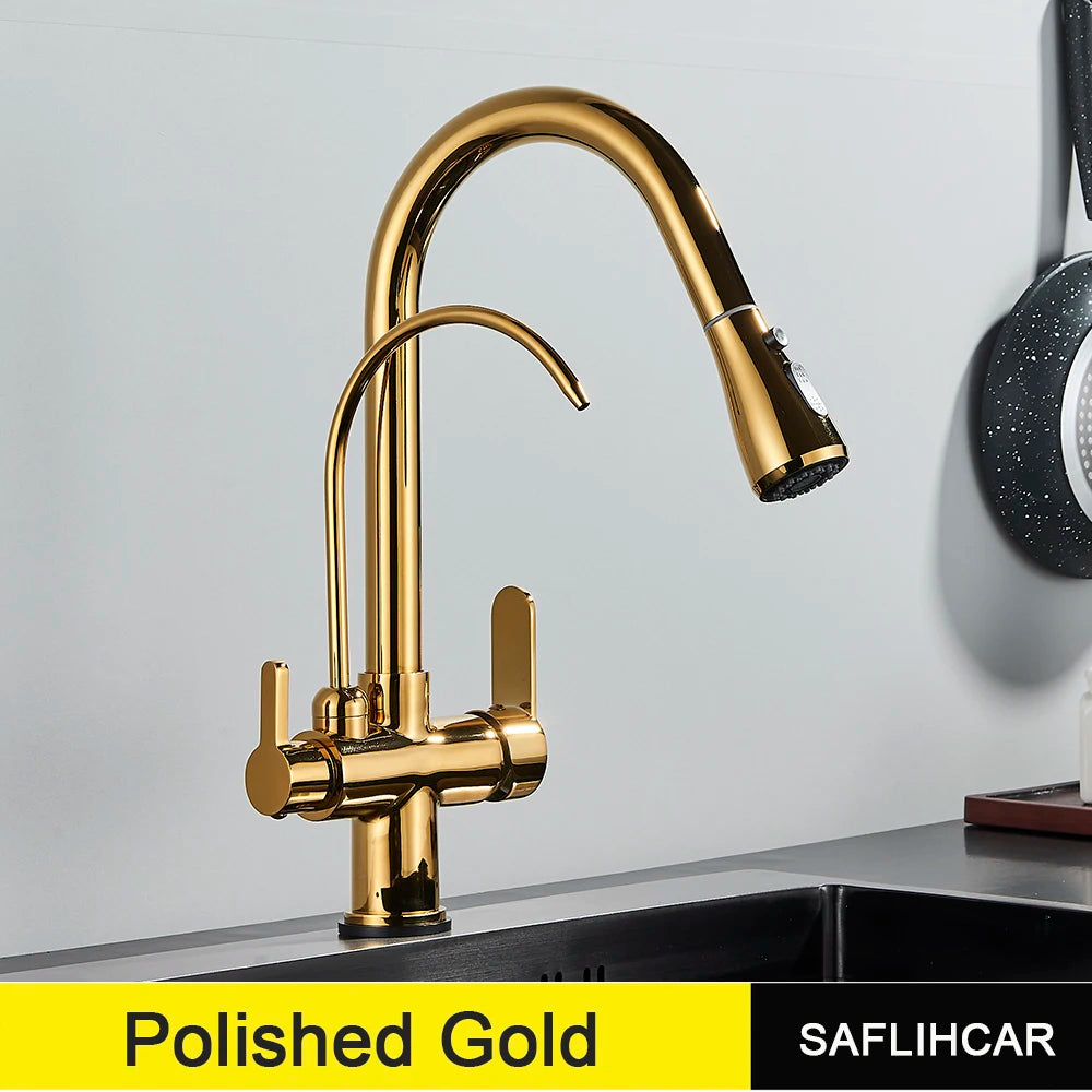 Black Gold Pure Water Faucet Spout Pull Out Dual Water Modes Kitchen Purification Sink Faucet  Kitchen Filtered Crane