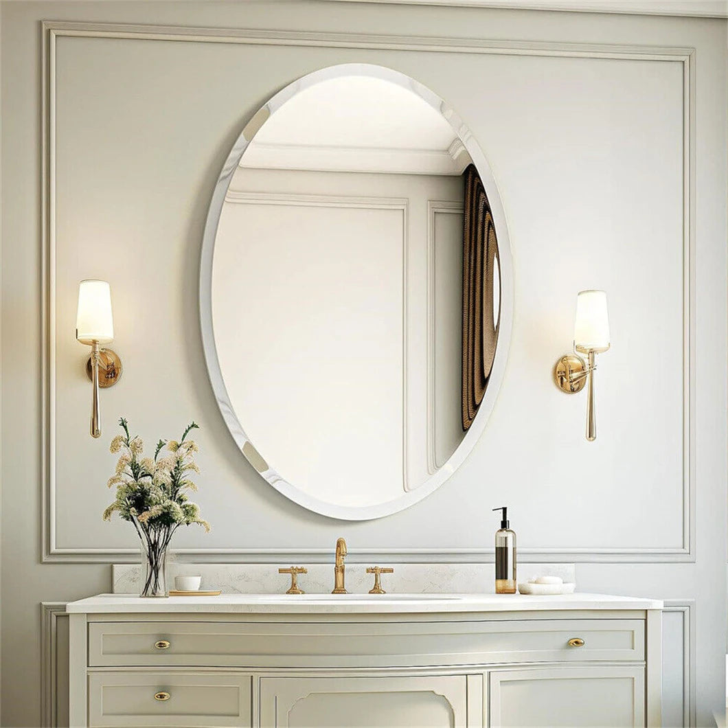 Frameless Oval Wall Mirror High Definition Elliptical Vanity Mirror with Beveled Silver Edge for Bathroom Bedroom Livingroom