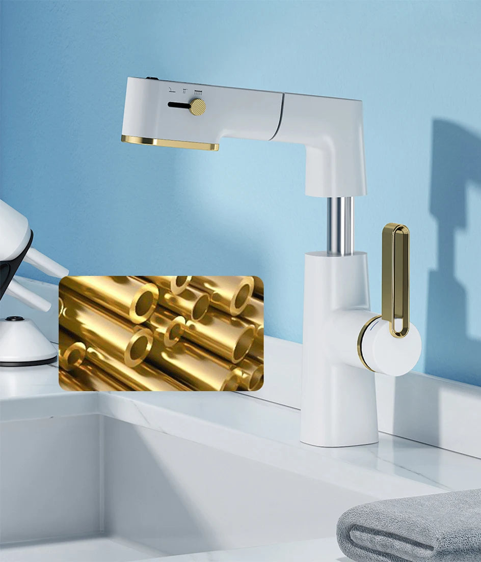 VGX Multifunctional Bathroom Faucets Pull Out Basin Mixer Sink Faucet Gourmet LED Temperature Tap 360° Tapware Crane Brass White