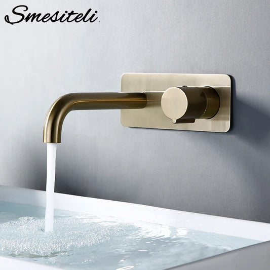 Smesiteli Bathroom Vanity Sink Faucet With Cover Plate Hot And Cold Wall-Mount Mixer Tap In Brushed Gold Taps With Knob