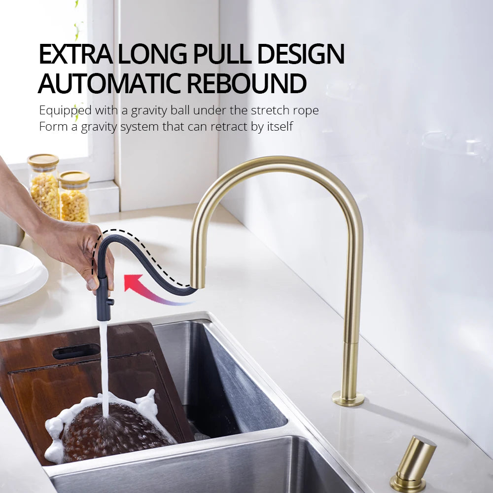 Brushed Gold Kitchen Faucet Invisible Pull Out Spray Mixer Double Hole Single Handle Solid Brass Hot and Cold Separate Sink Tap