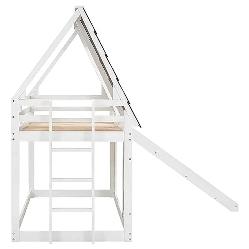 Wooden Twin Bunk Beds with Slide and Playhouse Design