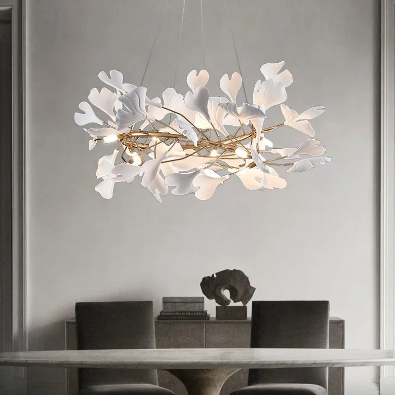 Round Ginko Leaf Chandelier Light For Bedroom Living Dining Room Modern New Porcelain Leaves Pendant Lights Hanging Chandeliers
