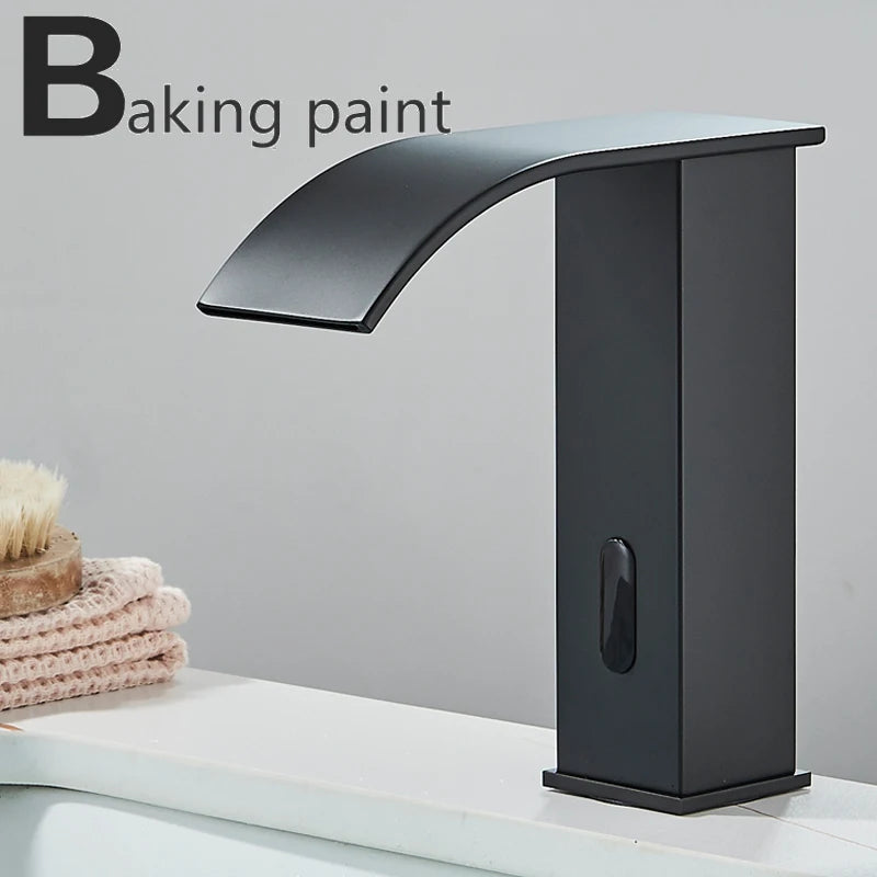 Shinesia Black Bathroom Faucet Deck Mounted Automatic Sensor Water Mixer Crane Free Touch Sink Tap Bathroom Sink Faucets
