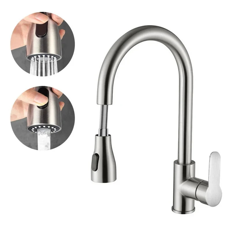 Kitchen Faucets Brushed Nickel Pull Out Kitchen Sink Water Tap Deck Mounted Mixer Stream Sprayer Head Hot Cold Taps Sliver