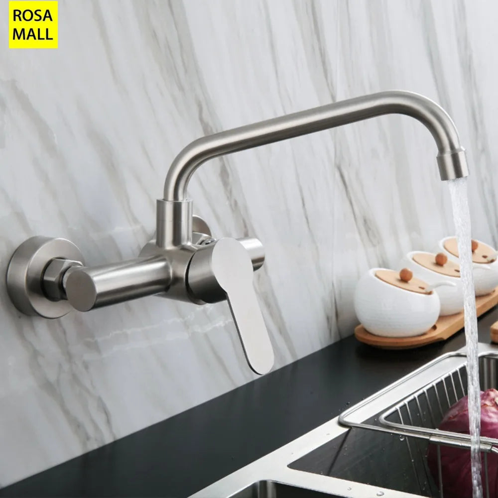 Wall Mounted Kitchen Faucet Wall Kitchen Mixers Kitchen Sink Tap 360 Degree Free Swivel Flexible Hose Double Holes Water Taps