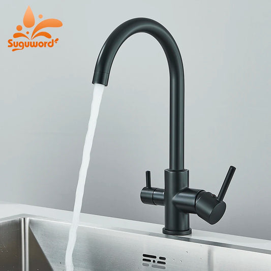 Matte Black Pure Water Filter Kitchen Faucet Dual-use Spout Daul Handle Deck Mount Sink Tap Cold Hot Water Mixer Kitchen Faucet