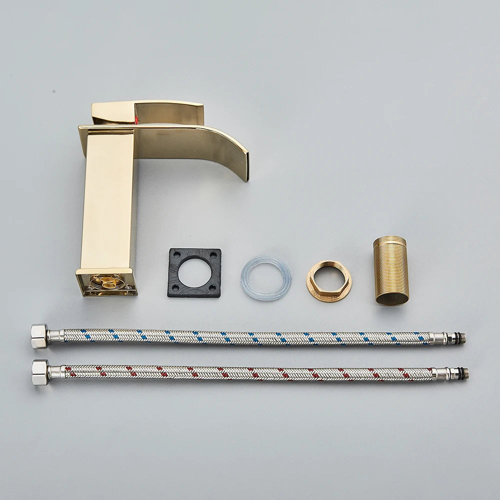 Brushed Gold Basin Sink Faucet Waterfall Outlet Vanity Hot Cold Mixer Tap Deck Mount Taps Washbasin Faucet for Bathroom