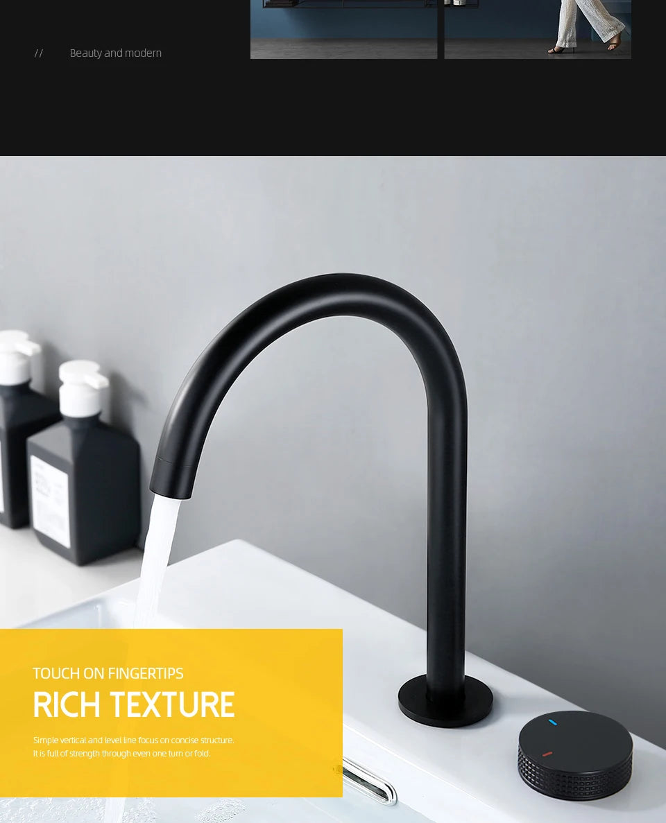 Matte Black Basin faucet  Single Knurled Knob Deck Mounted Widerspread Mixer Hot And Cold Sink Tap 2 Set Brass Restroom Mixer