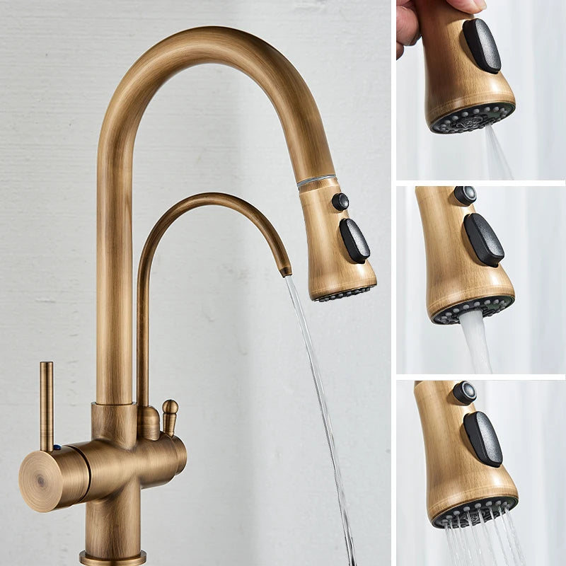 Filtered Pure Water Kitchen Faucet Deck Mount Antique Brass Faucet
