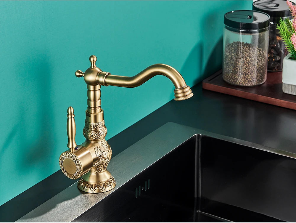 POIQIHY Basin Faucets Antique Brass Faucet Basin Carving Tap Rotation Single Handle Tap  Mixer Taps Bathroom Vessel Sink Faucet