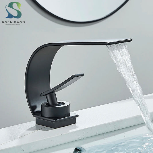 Black Thin style Bathroom Sink Faucet  Modern Mixer Hot Cold Water Tap Waterfall Deck Mounted Vessel Sink Faucet