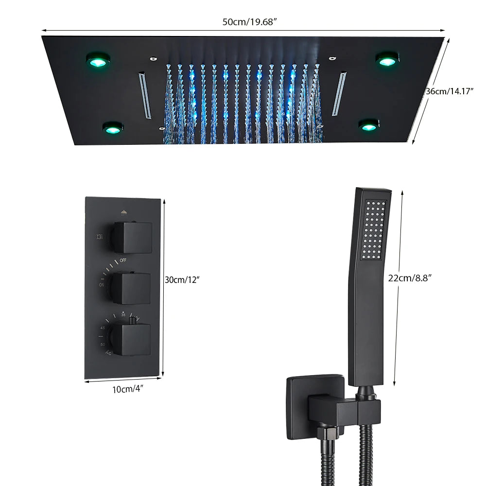 Black LED Constant Temperature Shower Faucet Luxury 3-way RainShower Celling System Tap Color Change Modern Showers for Bathroom