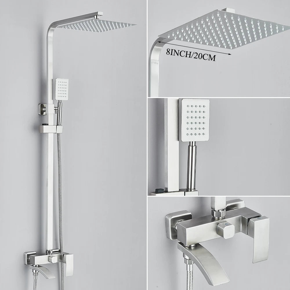 Matte Black Rainfall Shower Faucet Set 8/10/12 Inch Showerhead High Pressure Stainless Steel Rotate Spout Bath Shower Mixer
