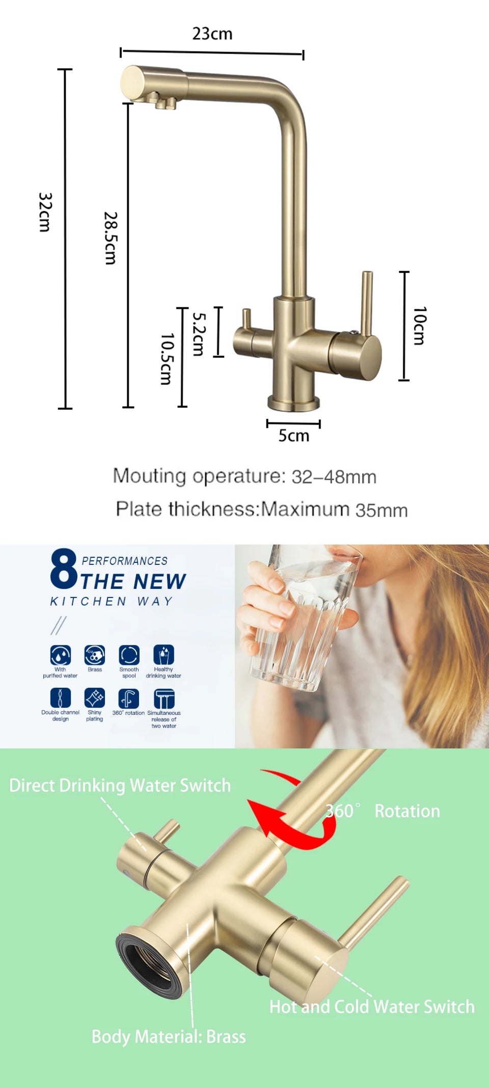 ULA Filtered Kitchen Faucet Gold Purifier Faucet Dual Sprayer Drinking Water Mixer Tap Nozzle Brass Kitchen Sink Mixer Torneira
