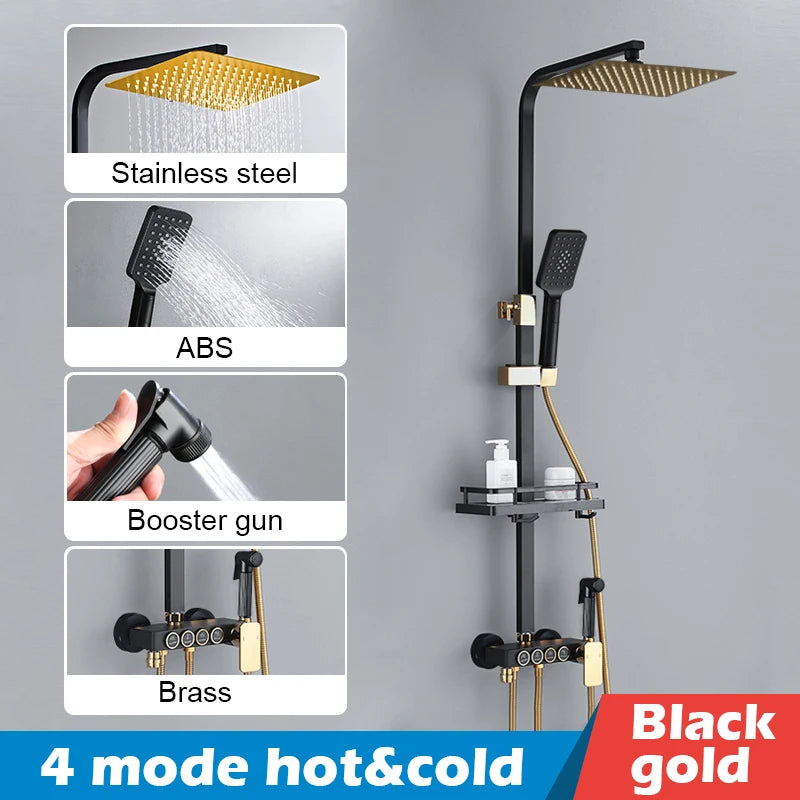 Bathroom Shower Set Black Gold Rain Shower Faucet Thermostatic Digital Display Shower Mixer Taps Copper Shower Systems for Bath