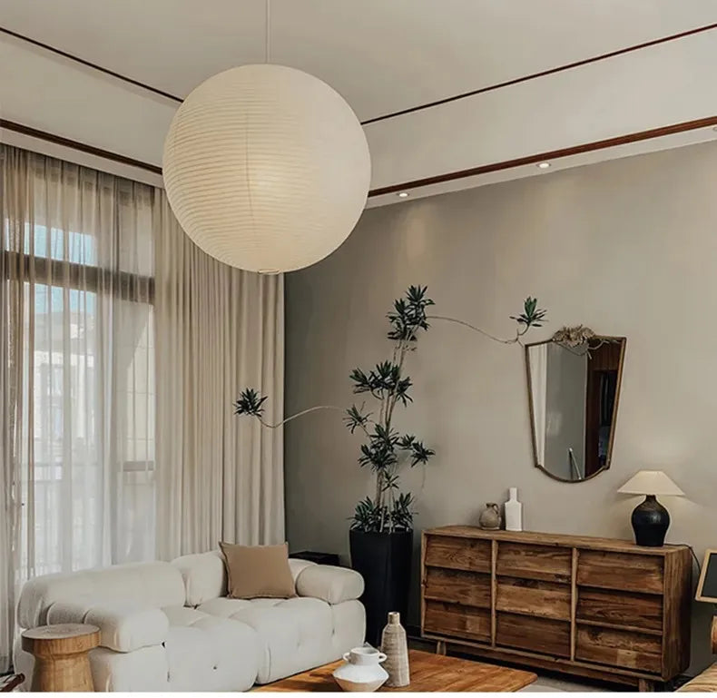 Nordic Wabi Sabi Wind Round Rice Paper Led Pendant Lights Living Dining Room Bedroom Loft Restaurant Bar Home Decor Chandelier