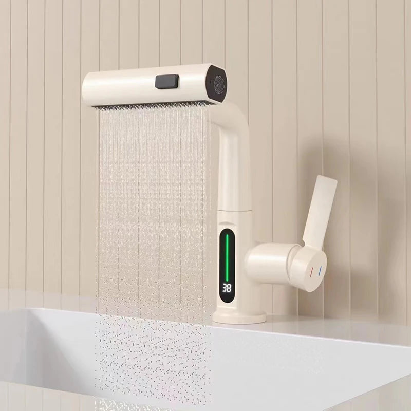 Smart Digital Display Basin Faucet 3 Function Pull Out Waterfall Spout Deck Mount Cold Hot Water Mixer Liftable Sink Crane Tap
