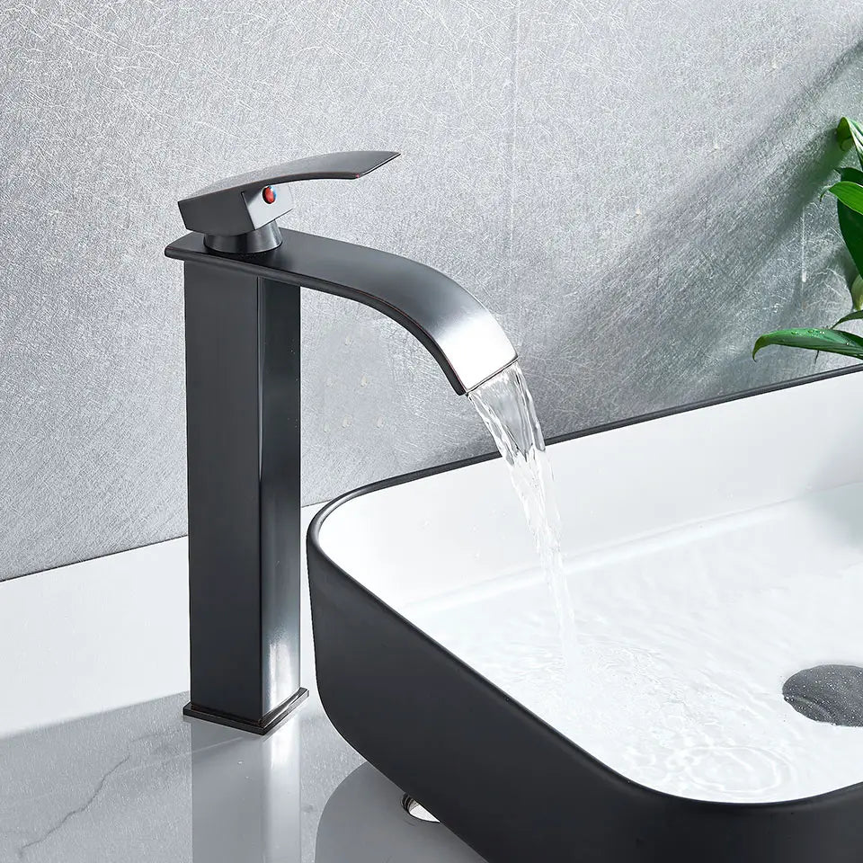 Matte Black Basin Faucet Waterfall Washbasin Vanity Above Counter Sink Faucet Hot & Cold Mixer Tap Deck Mounted Bathroom Crane