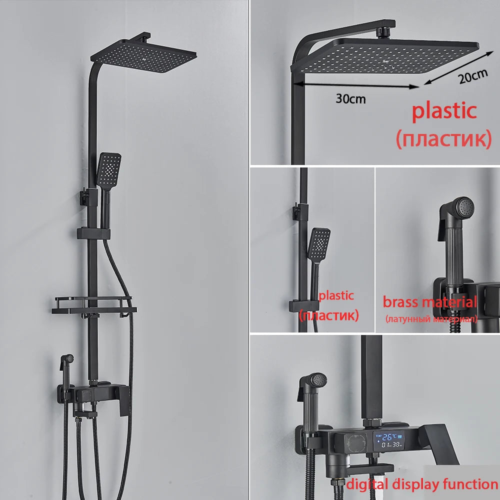 Black Smart Thermostatic Shower Faucet Set Bathroom Intelligent Rainfall Digital Mixer Tap With Rack and Bidet Bath System
