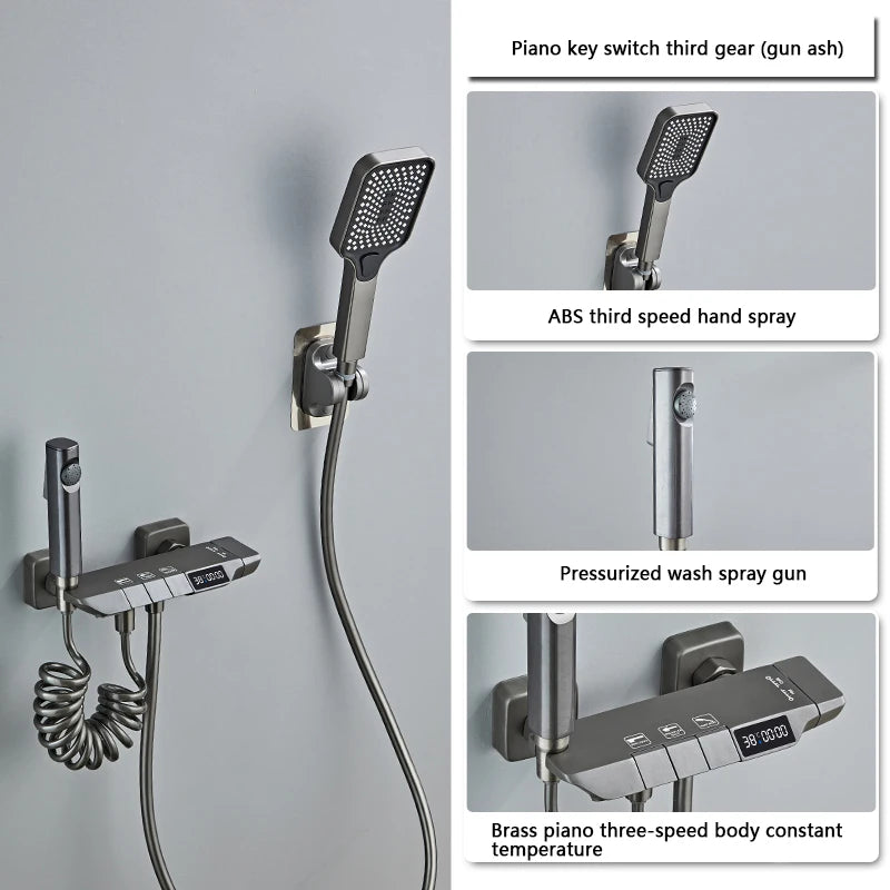 White Grey Deluxe Shower System Set Bathroom Rain Pressurized Shower Faucet Set Brass LED Digital Bathtub Shower Faucet Full Set