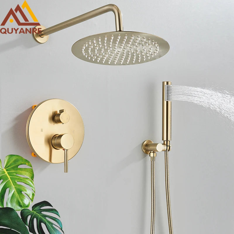 Brushed Gold Shower Faucets Set Rainfall Shower System Concealed Hot Cold Water Mixer Tap Bathroom Round Shower Faucet