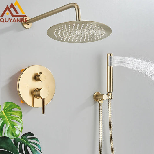 Brushed Gold Shower Faucets Set Rainfall Shower System Concealed Hot Cold Water Mixer Tap Bathroom Round Shower Faucet