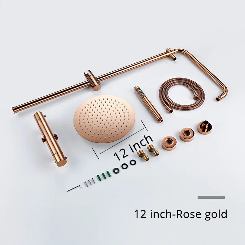 Rose Gold Thermostatic Shower Falcet Sets Wall Mount Brass Bathroom Blend Rainshower Falcet Rainfall Shower Tap Thermostat Systems