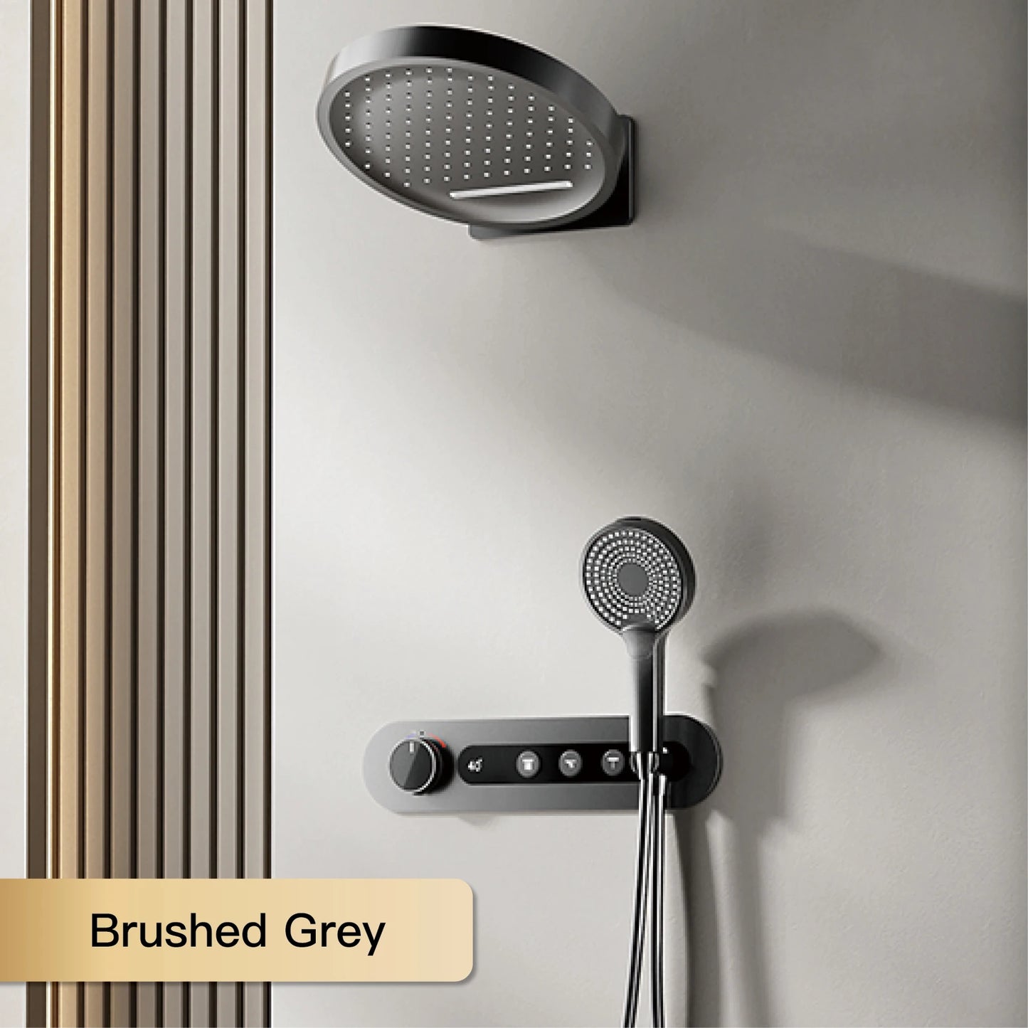 Luxury round gun gray brass shower system intelligent digital display with four functions cold and hot dual control shower Tap