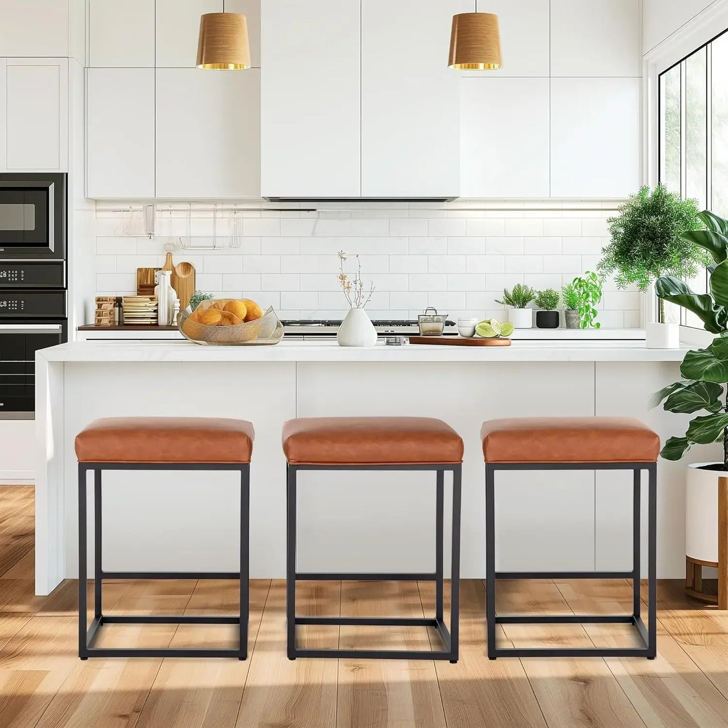 Black Counter Height 24" Bar Stools Kitchen Counter Backless Modern Square Barstools Upholstered Faux Leather Stools
