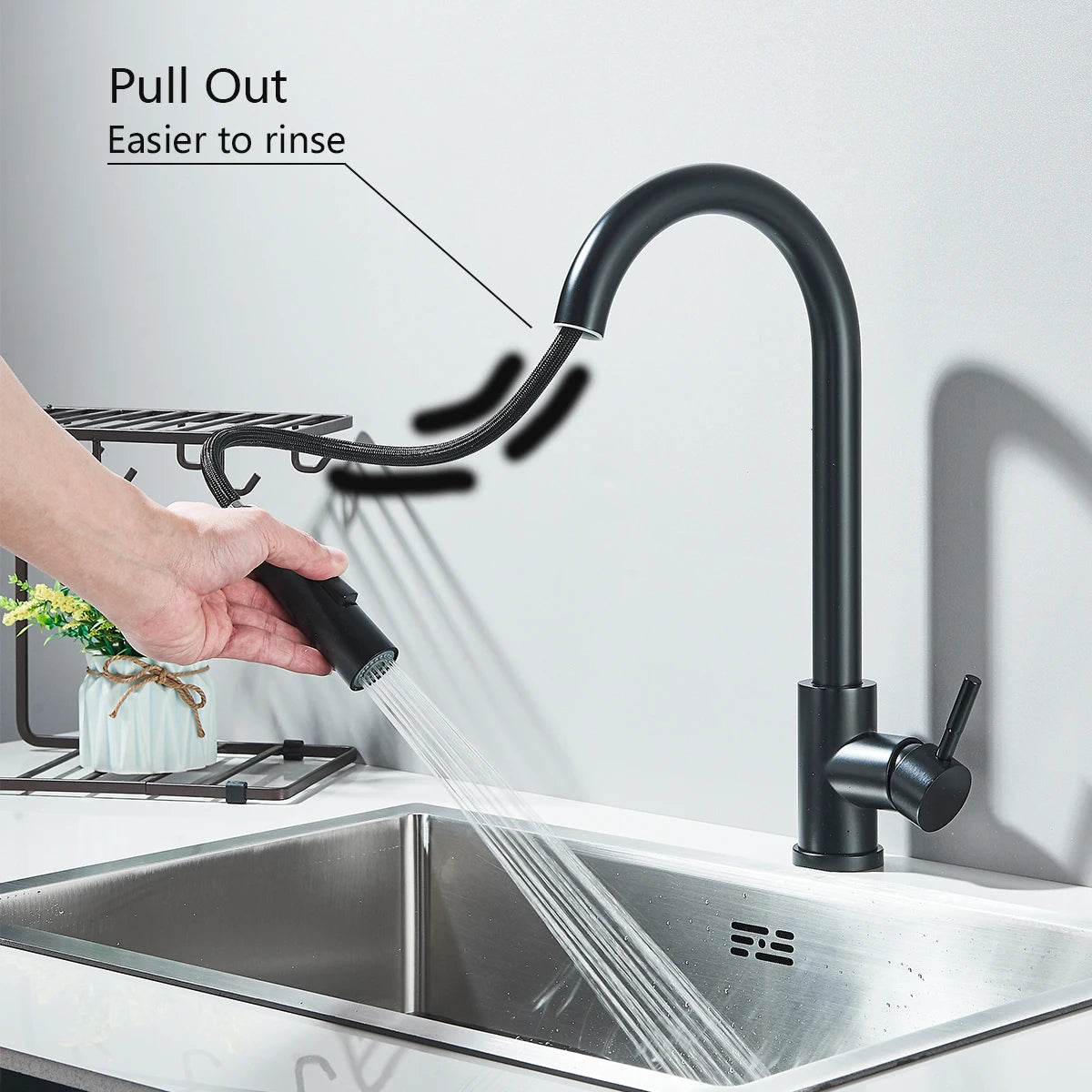 ULGKSD Kitchen Faucet Pull Out 2 Modes Stream Spray Hot And Cold Water Mixer 360 Rotate Single Handle Deck Mounted Crane Tap
