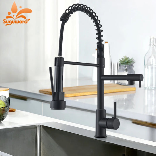 Matte Black Removable Gourmet Kitchen Faucet Double Spout Rotatable Deck Mount Single Handle Cold Hot Water Mixer Kitchen Crane
