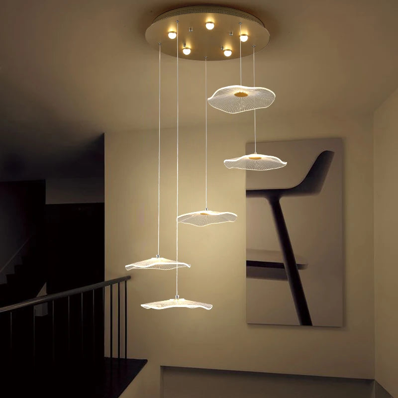 Nordic Lotus Leaf Restaurant LED Pendant Lamps Moden Chandelier for Staircase LOFT Duplex Villa Living Room Light Lustre Fixture