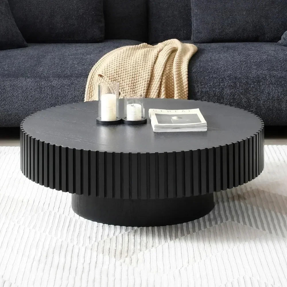 Coffee Table Wood End Table for Living Room,Modern Contemporary Circle Fluted Drum Side Table,Coffee Table