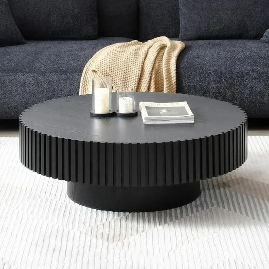 Coffee Table Wood End Table for Living Room,Modern Contemporary Circle Fluted Drum Side Table,Coffee Table