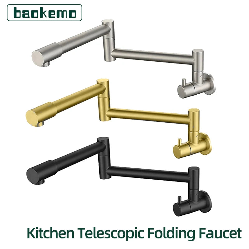 Baokemo Folding into the Wall Faucet 304 Stainless Steel Universal Rotation Faucet Kitchen Concealed Single Cold Faucet