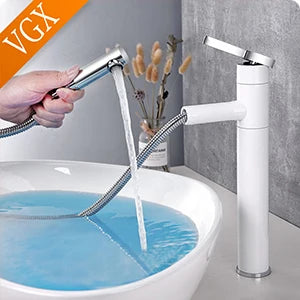 VGX Multifunctional Bathroom Faucets Pull Out Basin Mixer Sink Faucet Gourmet LED Temperature Tap 360° Tapware Crane Brass White