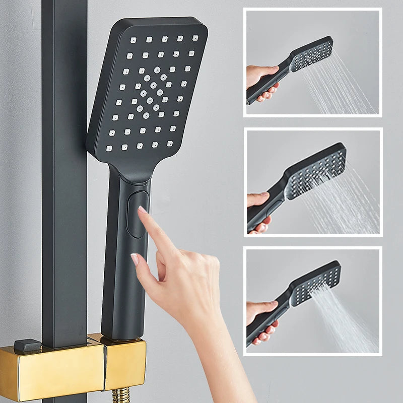 Black Gold Brass  Rainfall Shower Faucet Set Stainless Steel Liftable Shower Hot Cold Mixed Water Bathtub Mixer System