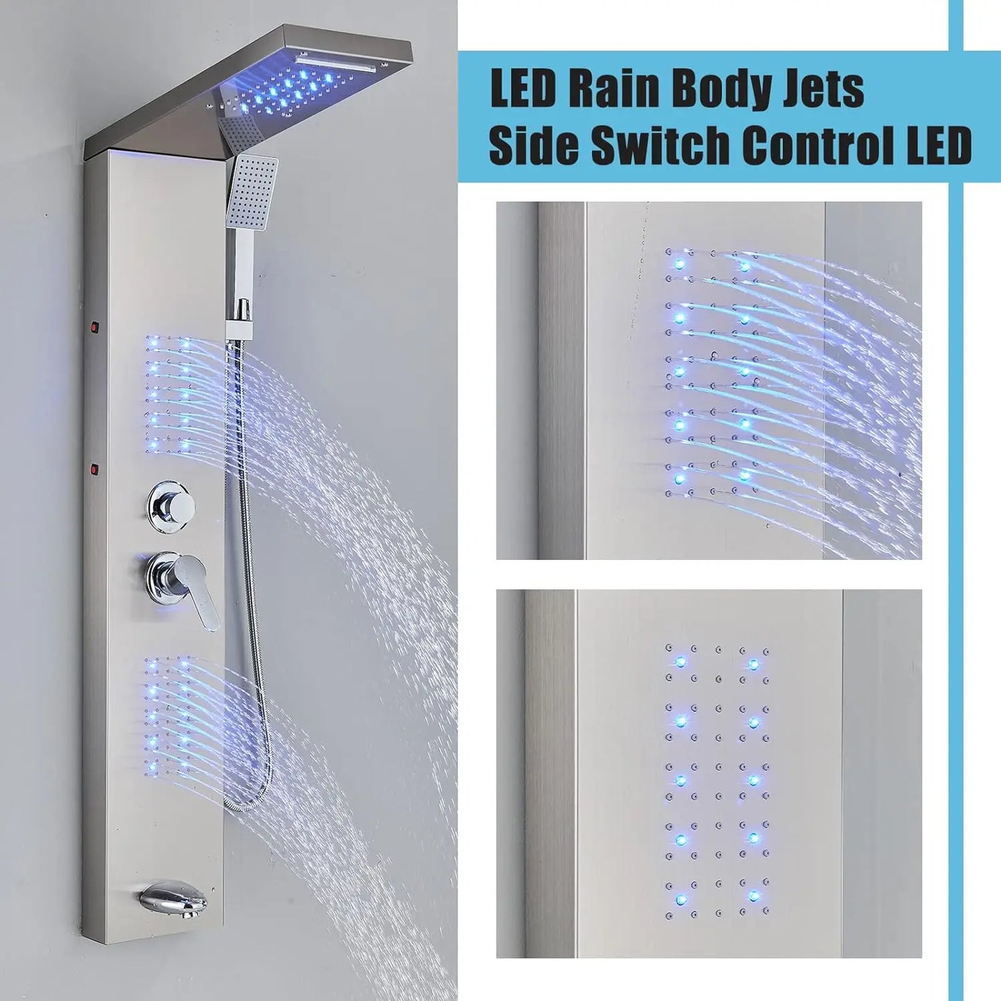 OUIO Brush LED Shower Panel Column Shower Faucet Bathtub Mixer Tap With Massage Body Spa Hand Shower Temperature Screen Set