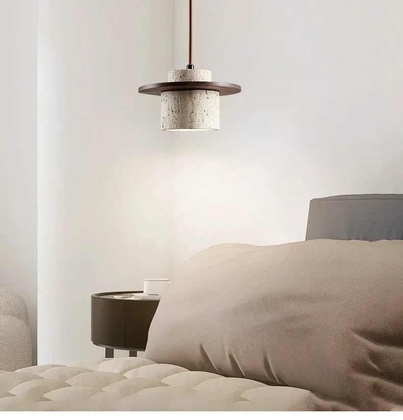 High Quality Stone Pendant Light Indoor LED Walnut/Log Yellow Travertine Chandelier Parlor Bedroom Cafe Bar Hanging Light