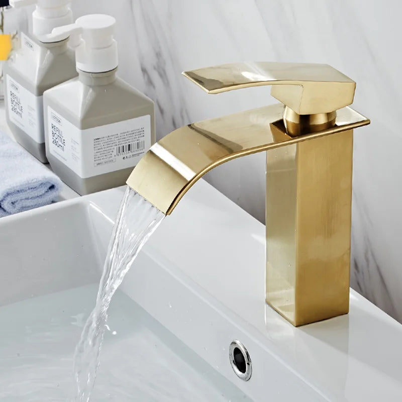 Brushed Gold Tall Bathroom Sink Faucet Waterfall Bathroom Faucet for Vessel Sinks Single Handle Bathroom Vanity Faucet